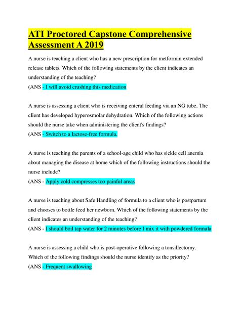 Like previous test that we have taken with ATI, I have found that the practice test are normally harder than the actual test. . Ati capstone comprehensive assessment a quizlet